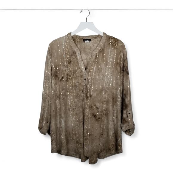 Cocomo Tops - Cocomo V-neck Sequin Tan Tie-Dye Roll-Tab Sleeves Shirt - Size XL